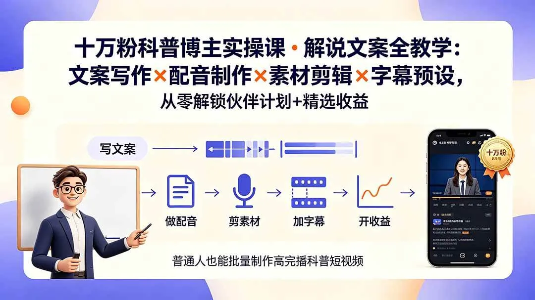 （19275期）10万粉科普博主实操课-解说文案全教学：文案写作×配音制作×素材剪辑×字幕预设，从零解锁伙伴计划+精选收益mc69.cn - 副业项目分享,互联网学习资源,考公考研资料,虚拟资料与创业思路天璇笔记网