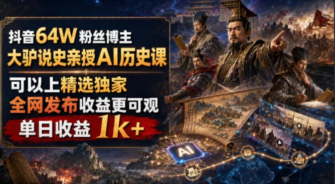 抖音64W粉丝博主大驴说史亲授AI历史课，可以上精选独家，全网发布收益更可观，单日收益1k+mc69.cn - 副业项目分享,互联网学习资源,考公考研资料,虚拟资料与创业思路天璇笔记网