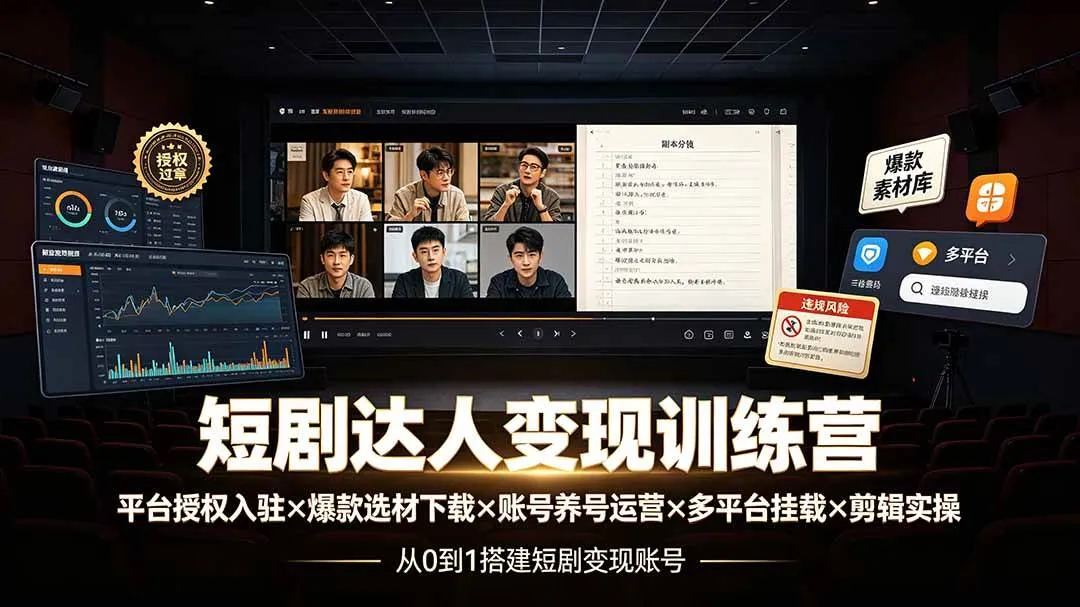 （19551期）短剧达人变现训练营：平台授权入驻×爆款选材下载×账号养号运营×多平台挂载×剪辑实操×违规处理全流程mc69.cn - 副业项目分享,互联网学习资源,考公考研资料,虚拟资料与创业思路天璇笔记网
