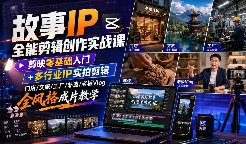 故事IP全能剪辑创作实战课｜剪映零基础入门+多行业IP实拍剪辑，门店/文旅/工厂/非遗/老板Vlog全风格成片教学mc69.cn - 副业项目分享,互联网学习资源,考公考研资料,虚拟资料与创业思路天璇笔记网