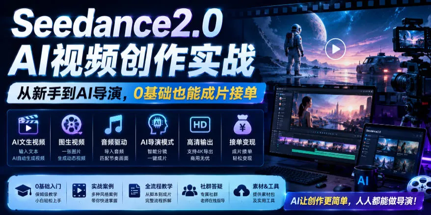 Seedance2.0 AI视频创作实战，从新手到AI导演，0基础也能成片接单变现mc69.cn - 副业项目分享,互联网学习资源,考公考研资料,虚拟资料与创业思路天璇笔记网