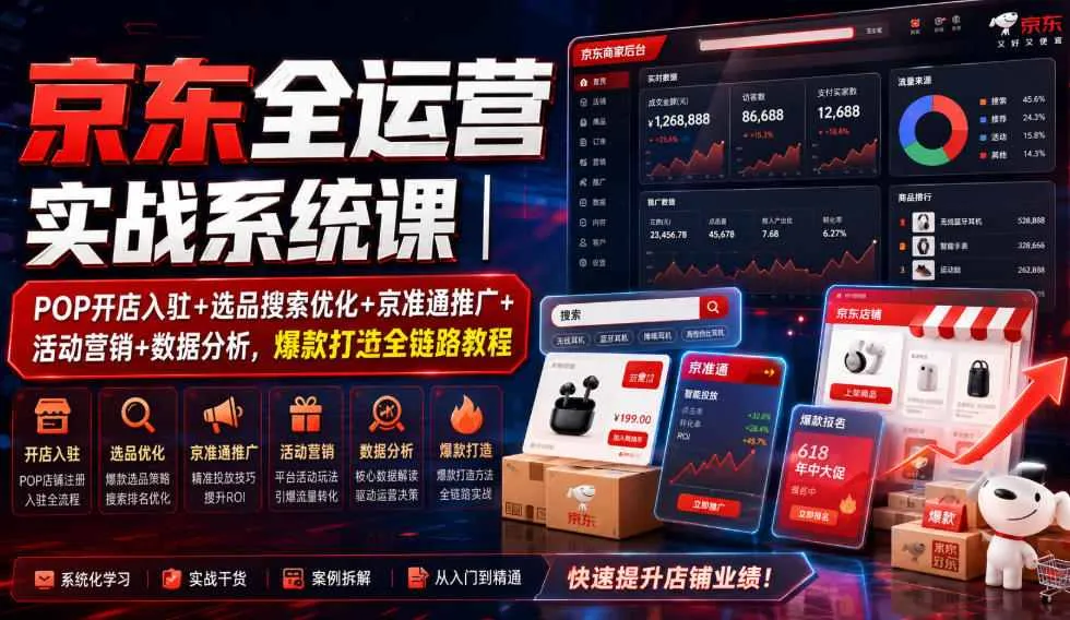 京东全运营实战系统课｜POP开店入驻+选品搜索优化+京准通推广+活动营销+数据分析，爆款打造全链路教程mc69.cn - 副业项目分享,互联网学习资源,考公考研资料,虚拟资料与创业思路天璇笔记网