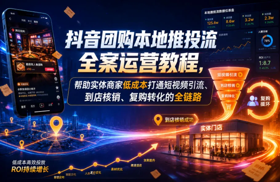 抖音团购本地推投流全案运营教程，帮助实体商家低成本打通短视频引流、到店核销、复购转化的全链路mc69.cn - 副业项目分享,互联网学习资源,考公考研资料,虚拟资料与创业思路天璇笔记网