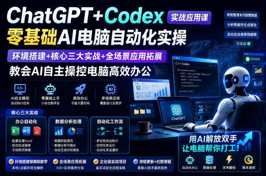 ChatGPT+Codex实战应用课｜零基础AI电脑自动化实操，环境搭建+核心三大实战+全场景应用拓展，教会AI自主操控电脑高效办公mc69.cn - 副业项目分享,互联网学习资源,考公考研资料,虚拟资料与创业思路天璇笔记网