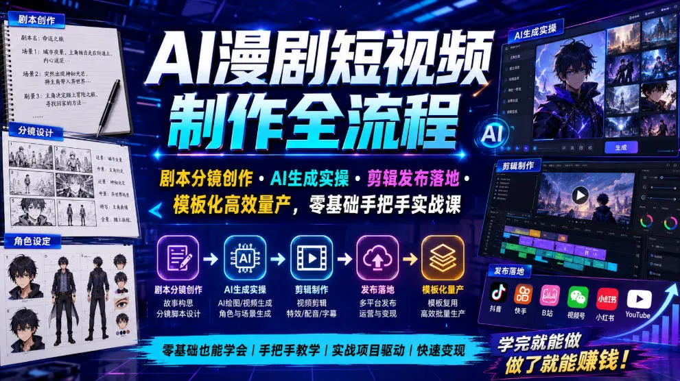 AI漫剧短视频制作全流程｜剧本分镜创作・AI生成实操・剪辑发布落地・模板化高效量产，零基础手把手实战课mc69.cn - 副业项目分享,互联网学习资源,考公考研资料,虚拟资料与创业思路天璇笔记网