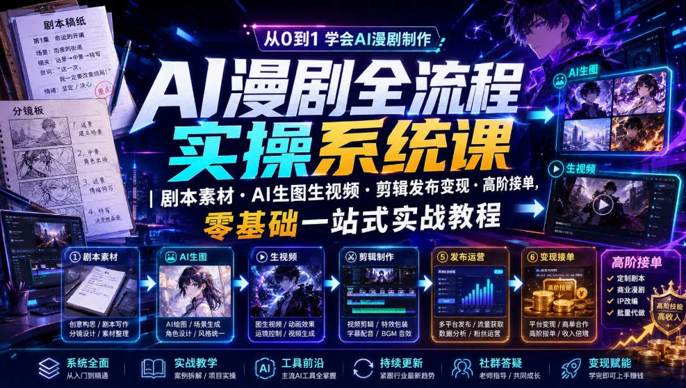 AI漫剧全流程实操系统课｜剧本素材・AI生图生视频・剪辑发布变现・高阶接单，零基础一站式实战教程mc69.cn - 副业项目分享,互联网学习资源,考公考研资料,虚拟资料与创业思路天璇笔记网