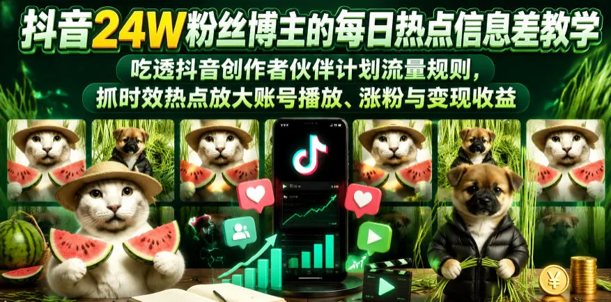 抖音24W粉丝博主的每日热点信息差教学，吃透创作者伙伴计划流量规则，抓时效热点放大账号播放、涨粉与变现收益(更新)mc69.cn - 副业项目分享,互联网学习资源,考公考研资料,虚拟资料与创业思路天璇笔记网