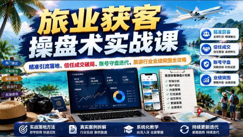 旅业获客操盘术实战课｜精准引流落地、信任成交破局、账号守盘迭代、旅游行业业绩突围全攻略mc69.cn - 副业项目分享,互联网学习资源,考公考研资料,虚拟资料与创业思路天璇笔记网