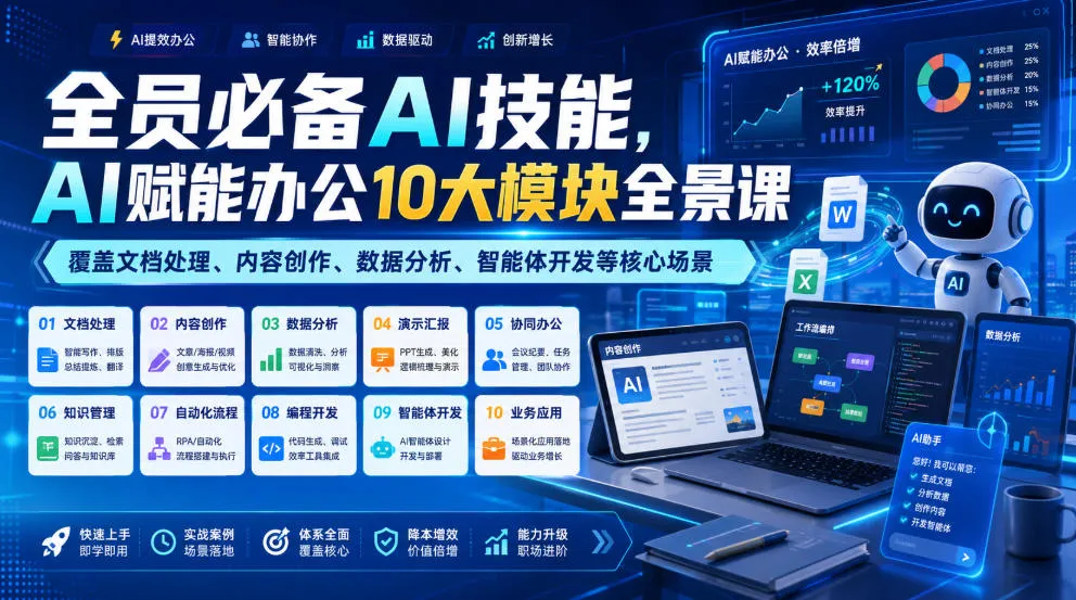 全员必备AI技能，AI赋能办公10大模块全景课，覆盖文档处理、内容创作、数据分析、智能体开发等核心场景mc69.cn - 副业项目分享,互联网学习资源,考公考研资料,虚拟资料与创业思路天璇笔记网