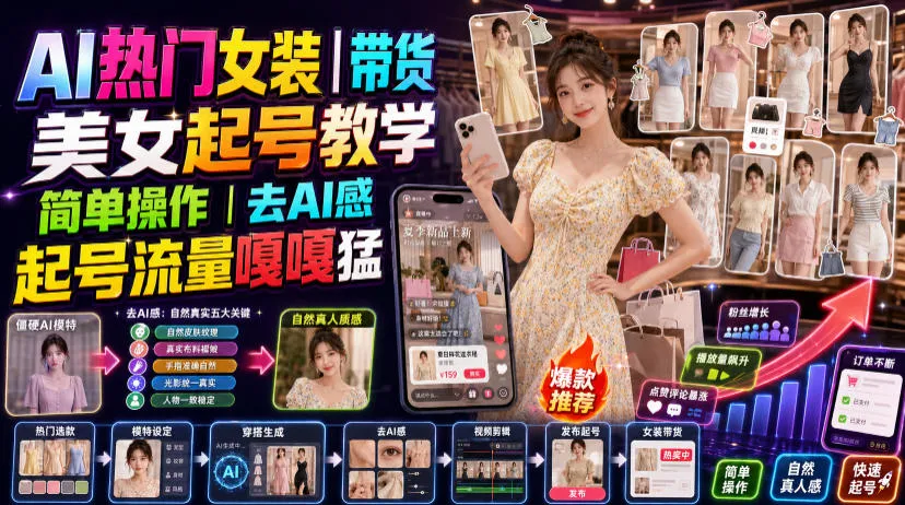AI热门女装带货丨美女起号教学，简单操作，去AI感，起号流量嘎嘎猛mc69.cn - 副业项目分享,互联网学习资源,考公考研资料,虚拟资料与创业思路天璇笔记网