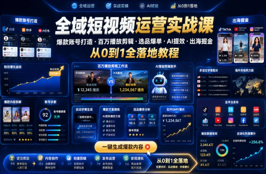 全域短视频运营实战课，爆款账号打造・百万播放剪辑・选品爆单・AI提效・出海掘金，从0到1全落地教程mc69.cn - 副业项目分享,互联网学习资源,考公考研资料,虚拟资料与创业思路天璇笔记网