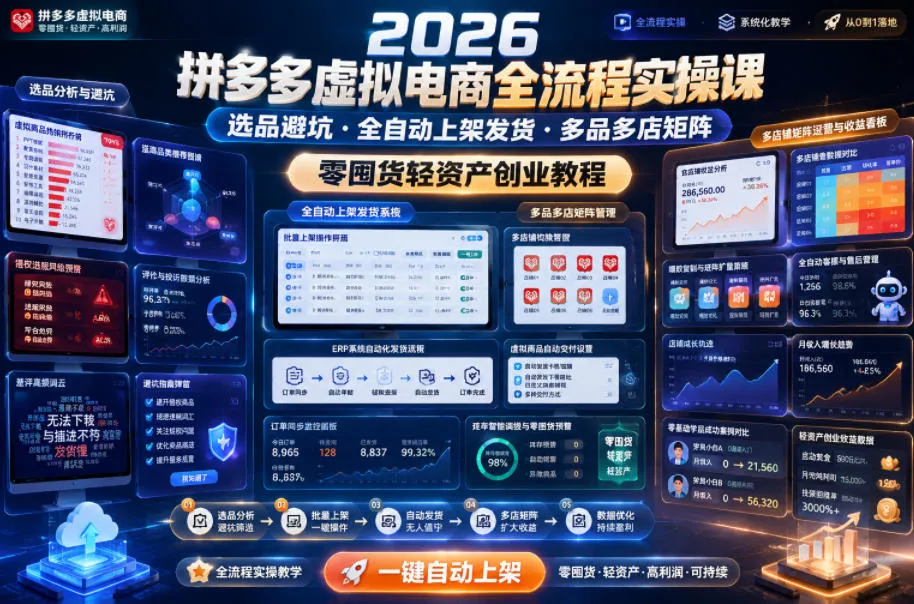 2026拼多多虚拟电商全流程实操课，选品避坑・全自动上架发货・多品多店矩阵，零囤货轻资产创业教程mc69.cn - 副业项目分享,互联网学习资源,考公考研资料,虚拟资料与创业思路天璇笔记网