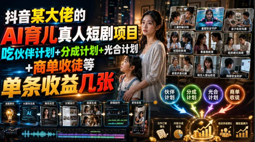 抖音某大佬的AI育儿真人短剧项目，吃伙伴计划+分成计划+光合计划+商单收徒等，单条收益几张mc69.cn - 副业项目分享,互联网学习资源,考公考研资料,虚拟资料与创业思路天璇笔记网