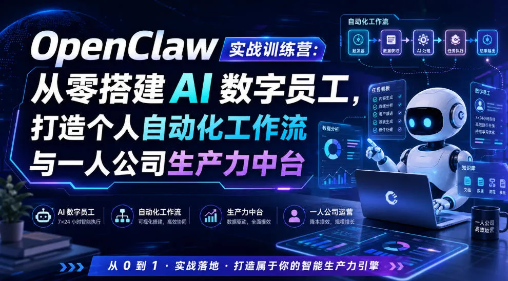 OpenClaw实战训练营：从零搭建AI数字员工，打造个人自动化工作流与一人公司生产力中台mc69.cn - 副业项目分享,互联网学习资源,考公考研资料,虚拟资料与创业思路天璇笔记网