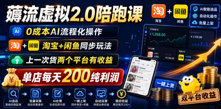 薅流虚拟2.0陪跑课，0成本AI流程化操作，淘宝+闲鱼同步玩法，上一次货两个平台有收益，单店每天200纯利润mc69.cn - 副业项目分享,互联网学习资源,考公考研资料,虚拟资料与创业思路天璇笔记网