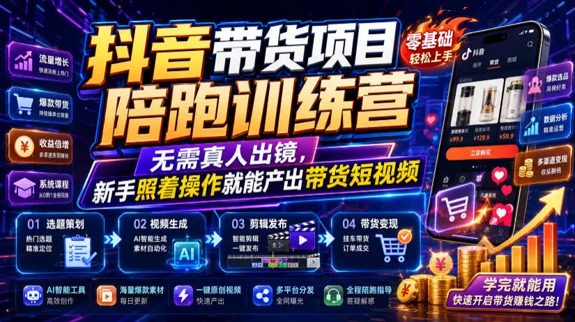 抖音带货项目陪跑训练营，无需真人出镜，新手照着操作就能产出带货短视频mc69.cn - 副业项目分享,互联网学习资源,考公考研资料,虚拟资料与创业思路天璇笔记网