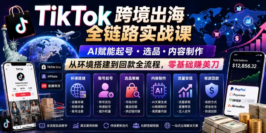TikTok跨境出海全链路实战课，AI赋能起号・选品・内容制作，从环境搭建到回款全流程，零基础賺美刀mc69.cn - 副业项目分享,互联网学习资源,考公考研资料,虚拟资料与创业思路天璇笔记网