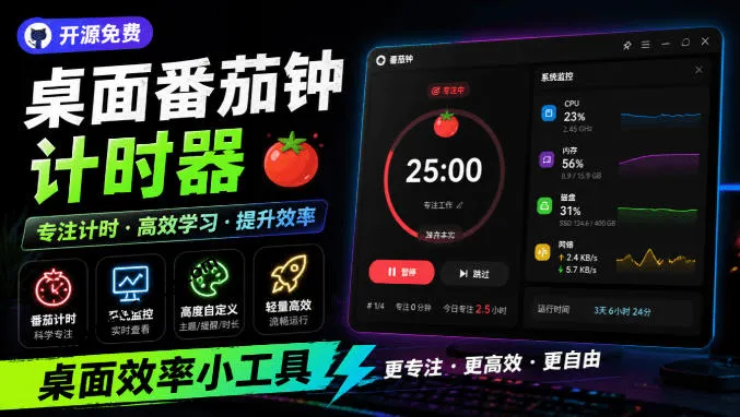 仅1.16MB，开源极简的桌面时钟、番茄钟计时器，还支持系统监控显示，桌面效率小工具Catimemc69.cn - 副业项目分享,互联网学习资源,考公考研资料,虚拟资料与创业思路天璇笔记网