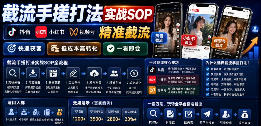 截流手搓打法实战SOP，抖音小红书视频号精准截流，快速获客，低成本高转化，一看即会mc69.cn - 副业项目分享,互联网学习资源,考公考研资料,虚拟资料与创业思路天璇笔记网