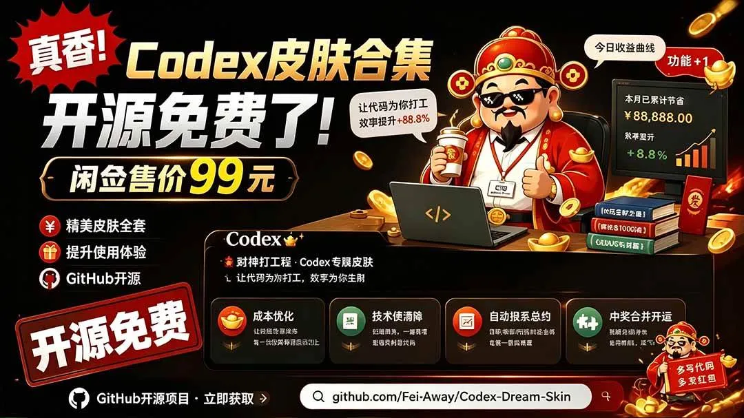 （19432期）闲鱼售卖99元的Codex皮肤包，GitHub 免费开源了！让你的codex变成精美界面 Codex Dream Skinmc69.cn - 副业项目分享,互联网学习资源,考公考研资料,虚拟资料与创业思路天璇笔记网