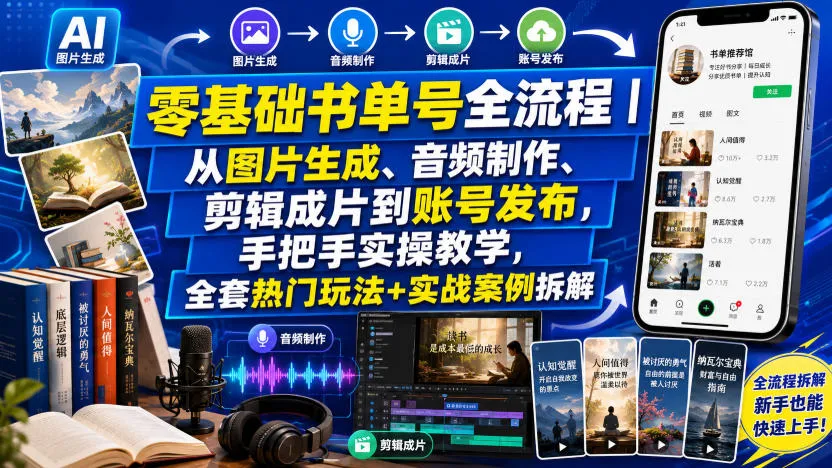零基础书单号全流程｜从图片生成、音频制作、剪辑成片到账号发布，手把手实操教学，全套热门玩法+实战案例拆解mc69.cn - 副业项目分享,互联网学习资源,考公考研资料,虚拟资料与创业思路天璇笔记网