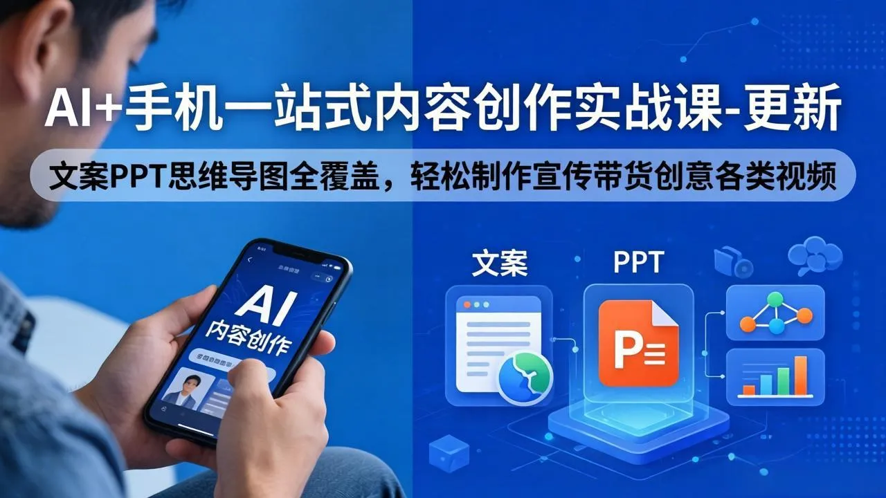 AI+手机一站式内容创作实战课-更新，文案PPT思维导图全覆盖，轻松制作宣传带货创意各类视频mc69.cn - 副业项目分享,互联网学习资源,考公考研资料,虚拟资料与创业思路天璇笔记网