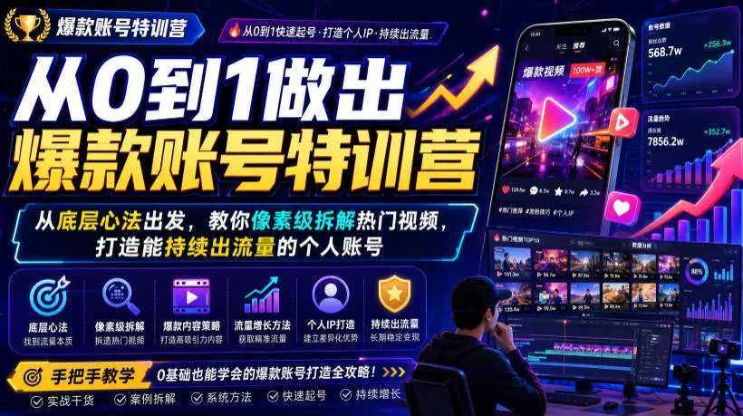 从0到1做出爆款账号特训营，从底层心法出发，教你像素级拆解热门视频，打造能持续出流量的个人账号mc69.cn - 副业项目分享,互联网学习资源,考公考研资料,虚拟资料与创业思路天璇笔记网