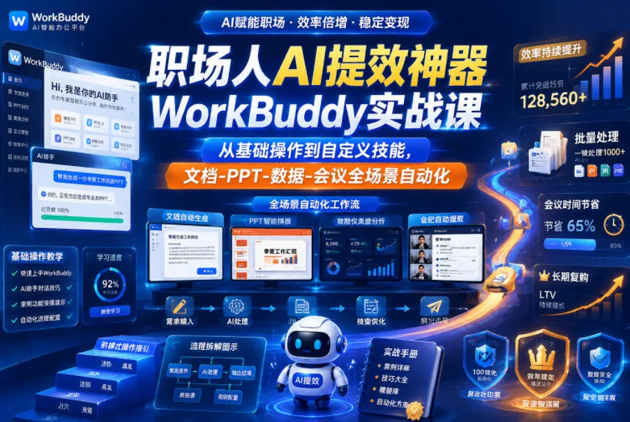 职场人AI提效神器WorkBuddy实战课，从基础操作到自定义技能，文档-PPT-数据-会议全场景自动化mc69.cn - 副业项目分享,互联网学习资源,考公考研资料,虚拟资料与创业思路天璇笔记网