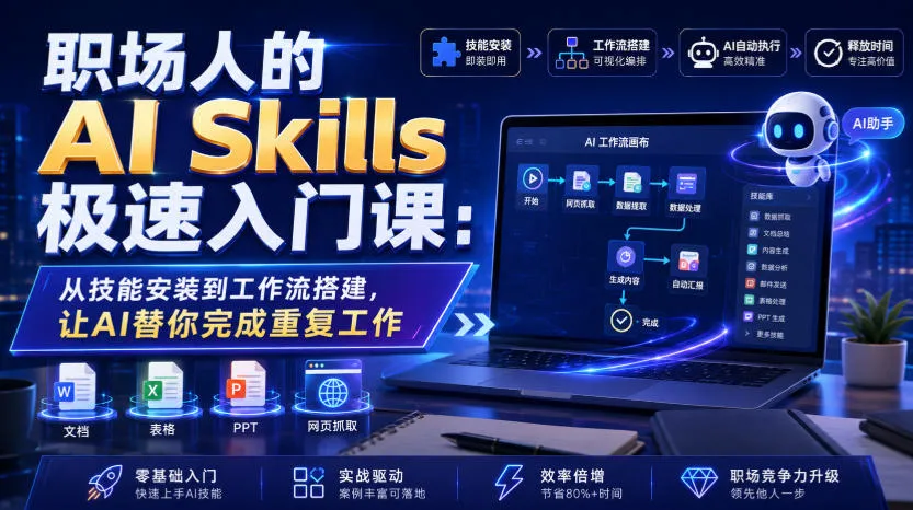 职场人的AI Skills极速入门课：从技能安装到工作流搭建，让AI替你完成重复工作mc69.cn - 副业项目分享,互联网学习资源,考公考研资料,虚拟资料与创业思路天璇笔记网