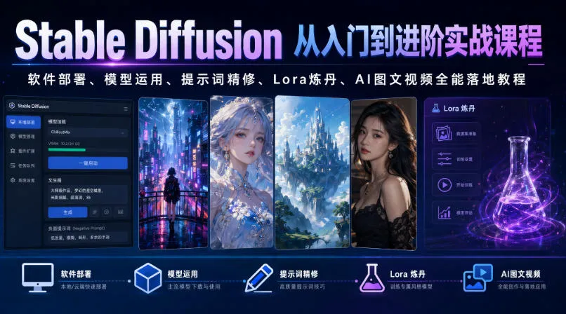 Stable Diffusion从入门到进阶实战课程｜软件部署、模型运用、提示词精修、Lora炼丹、AI图文视频全能落地教程mc69.cn - 副业项目分享,互联网学习资源,考公考研资料,虚拟资料与创业思路天璇笔记网