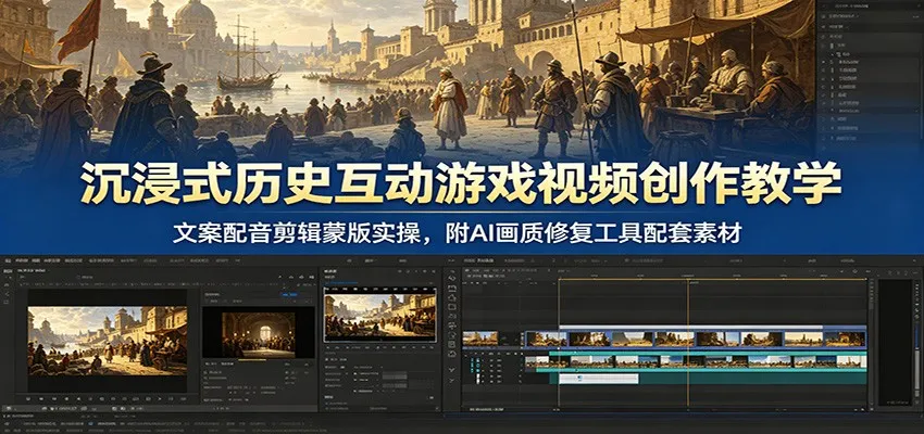 沉浸式历史互动游戏视频创作教学：文案配音剪辑蒙版实操，附AI画质修复工具配套素材mc69.cn - 副业项目分享,互联网学习资源,考公考研资料,虚拟资料与创业思路天璇笔记网