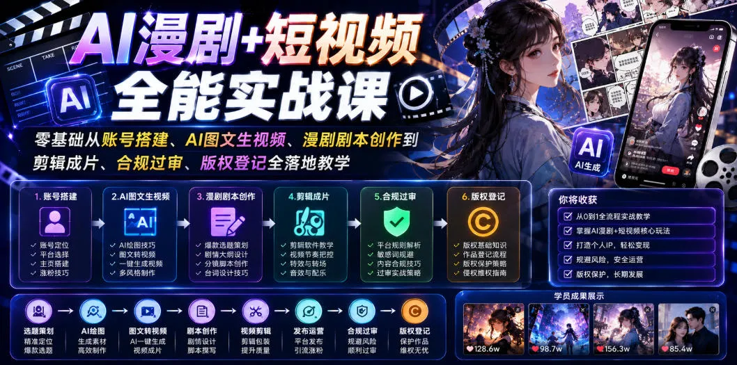 AI漫剧+短视频全能实战课|零基础从账号搭建、AI图文生视频、漫剧剧本创作到剪辑成片、合规过审、版权登记全落地教学 AI漫剧+短视频全能实战课|零基础从账号搭建、AI图文生视频、漫剧剧本创作到剪辑成片、合规过审、版权登记全落地教学