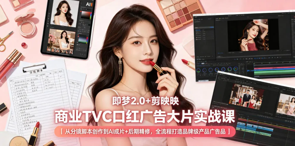 即梦2.0+剪映商业TVC口红广告大片实战课｜从分镜脚本创作到AI成片+后期精修，全流程打造品牌级产品广告mc69.cn - 副业项目分享,互联网学习资源,考公考研资料,虚拟资料与创业思路天璇笔记网