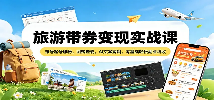 旅游带券变现实战课：账号起号涨粉，团购挂载，AI文案剪辑，零基础轻松副业增收mc69.cn - 副业项目分享,互联网学习资源,考公考研资料,虚拟资料与创业思路天璇笔记网