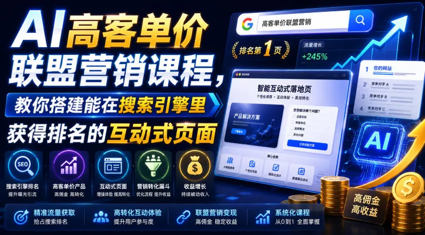 AI高客单价联盟营销课程，教你搭建能在搜索引擎里获得排名的互动式页面，引来流量，把访客转化为高佣金的成交【原创双语字幕】mc69.cn - 副业项目分享,互联网学习资源,考公考研资料,虚拟资料与创业思路天璇笔记网