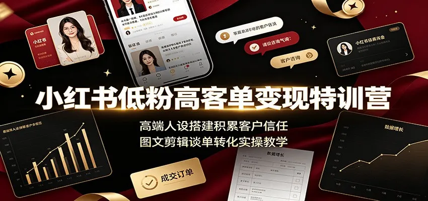 小红书低粉高客单变现特训营：高端人设搭建积累客户信任，图文剪辑谈单转化实操教学mc69.cn - 副业项目分享,互联网学习资源,考公考研资料,虚拟资料与创业思路天璇笔记网