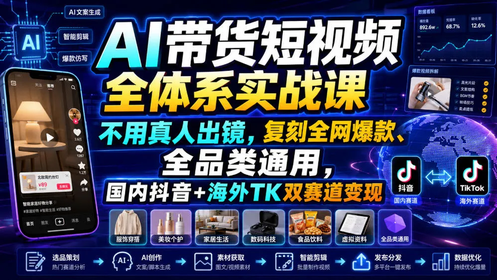 AI带货短视频全体系实战课，不用真人出镜，复刻全网爆款、全品类通用，国内抖音+海外TK双赛道变现mc69.cn - 副业项目分享,互联网学习资源,考公考研资料,虚拟资料与创业思路天璇笔记网