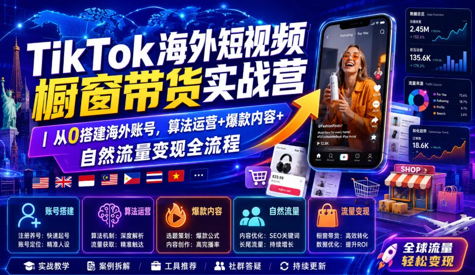 TikTok海外短视频橱窗带货实战营｜从0搭建海外账号，算法运营+爆款内容+自然流量变现全流程mc69.cn - 副业项目分享,互联网学习资源,考公考研资料,虚拟资料与创业思路天璇笔记网