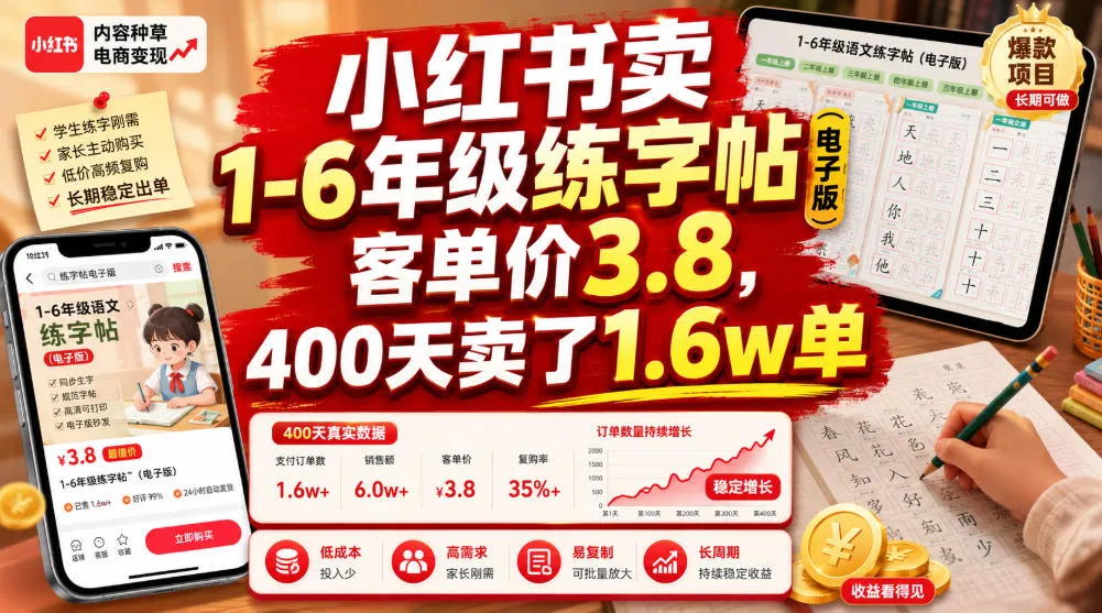 小红书卖1-6年级练字帖（电子版），客单价3.8，400天卖了1.6w单mc69.cn - 副业项目分享,互联网学习资源,考公考研资料,虚拟资料与创业思路天璇笔记网