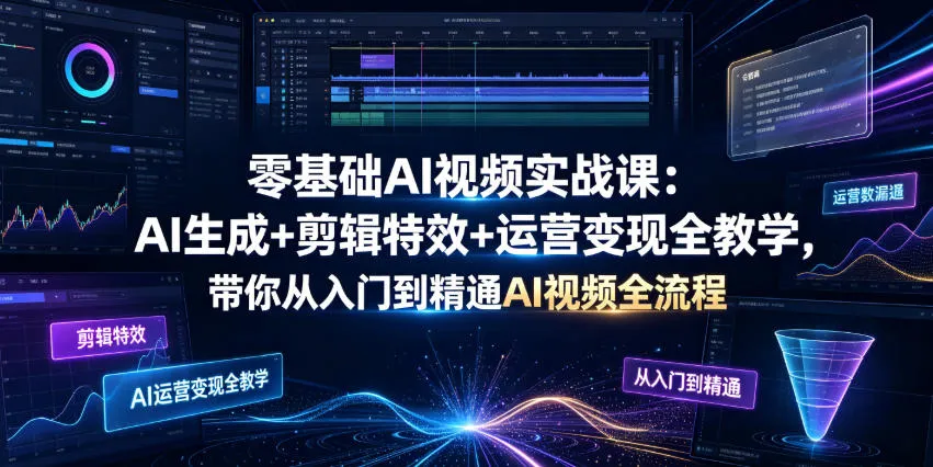 零基础AI视频实战课：AI生成+剪辑特效+运营变现全教学，带你从入门到精通AI视频全流程mc69.cn - 副业项目分享,互联网学习资源,考公考研资料,虚拟资料与创业思路天璇笔记网