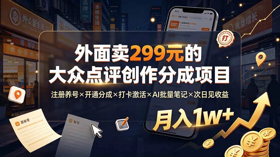 （19488期）外面卖299元的大众点评创作分成项目：注册养号×开通分成×打卡激活×AI批量笔记×次日见收益，月入1w+mc69.cn - 副业项目分享,互联网学习资源,考公考研资料,虚拟资料与创业思路天璇笔记网