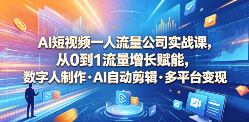 AI短视频一人流量公司实战课，从0到1流量增长赋能，数字人制作・AI自动剪辑・多平台变现，一人做流量生意全落地教程mc69.cn - 副业项目分享,互联网学习资源,考公考研资料,虚拟资料与创业思路天璇笔记网