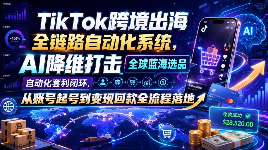 TikTok跨境出海全链路自动化系统，AI降维打击全球蓝海选品自动化套利闭环，从账号起号到变现回款全流程落地（2026年7月）mc69.cn - 副业项目分享,互联网学习资源,考公考研资料,虚拟资料与创业思路天璇笔记网