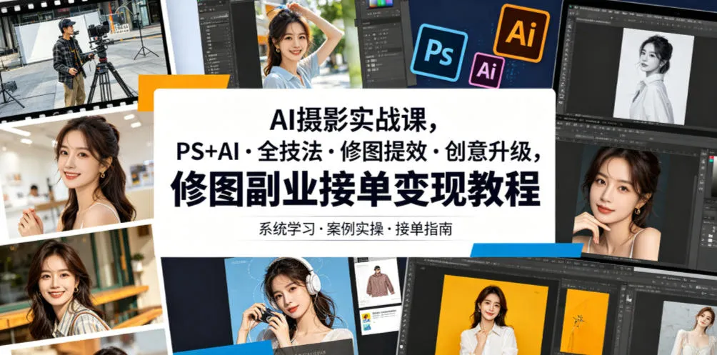 AI摄影实战课，PS+AI・全技法・修图提效・创意升级，修图副业接单变现教程mc69.cn - 副业项目分享,互联网学习资源,考公考研资料,虚拟资料与创业思路天璇笔记网