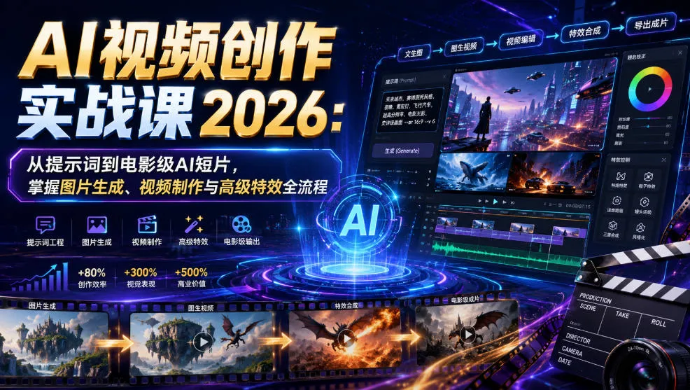 AI视频创作实战课2026：从提示词到电影级AI短片，掌握图片生成、视频制作与高级特效全流程mc69.cn - 副业项目分享,互联网学习资源,考公考研资料,虚拟资料与创业思路天璇笔记网