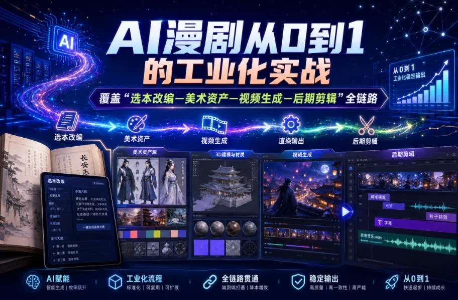 AI漫剧从0到1的工业化实战，覆盖“选本改编—美术资产—视频生成—后期剪辑”全链路（更新6月）mc69.cn - 副业项目分享,互联网学习资源,考公考研资料,虚拟资料与创业思路天璇笔记网