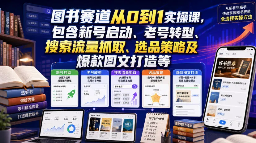图书赛道从0到1实操课，包含新号启动、老号转型、搜索流量抓取、选品策略及爆款图文打造等mc69.cn - 副业项目分享,互联网学习资源,考公考研资料,虚拟资料与创业思路天璇笔记网