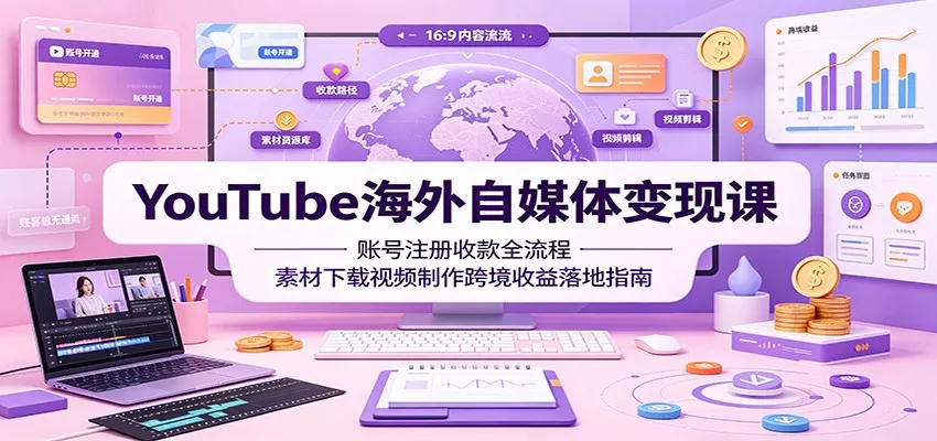 YouTube海外自媒体变现课:账号注册收款全流程,素材下载视频制作跨境收益落地指南 YouTube海外自媒体变现课:账号注册收款全流程,素材下载视频制作跨境收益落地指南