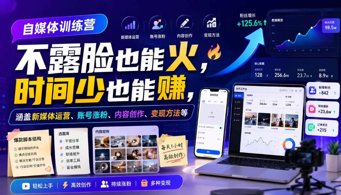 自媒体训练营，不露脸也能火，时间少也能賺，涵盖新媒体运营、账号涨粉、内容创作、变现方法等mc69.cn - 副业项目分享,互联网学习资源,考公考研资料,虚拟资料与创业思路天璇笔记网