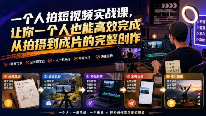 一个人拍短视频实战课，让你一个人也能高效完成从拍摄到成片的完整创作mc69.cn - 副业项目分享,互联网学习资源,考公考研资料,虚拟资料与创业思路天璇笔记网